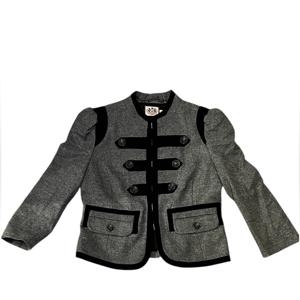 Juicy Couture Troupe Wool Military Band Jacket S Gray Velvet Trim Puff Shoulder